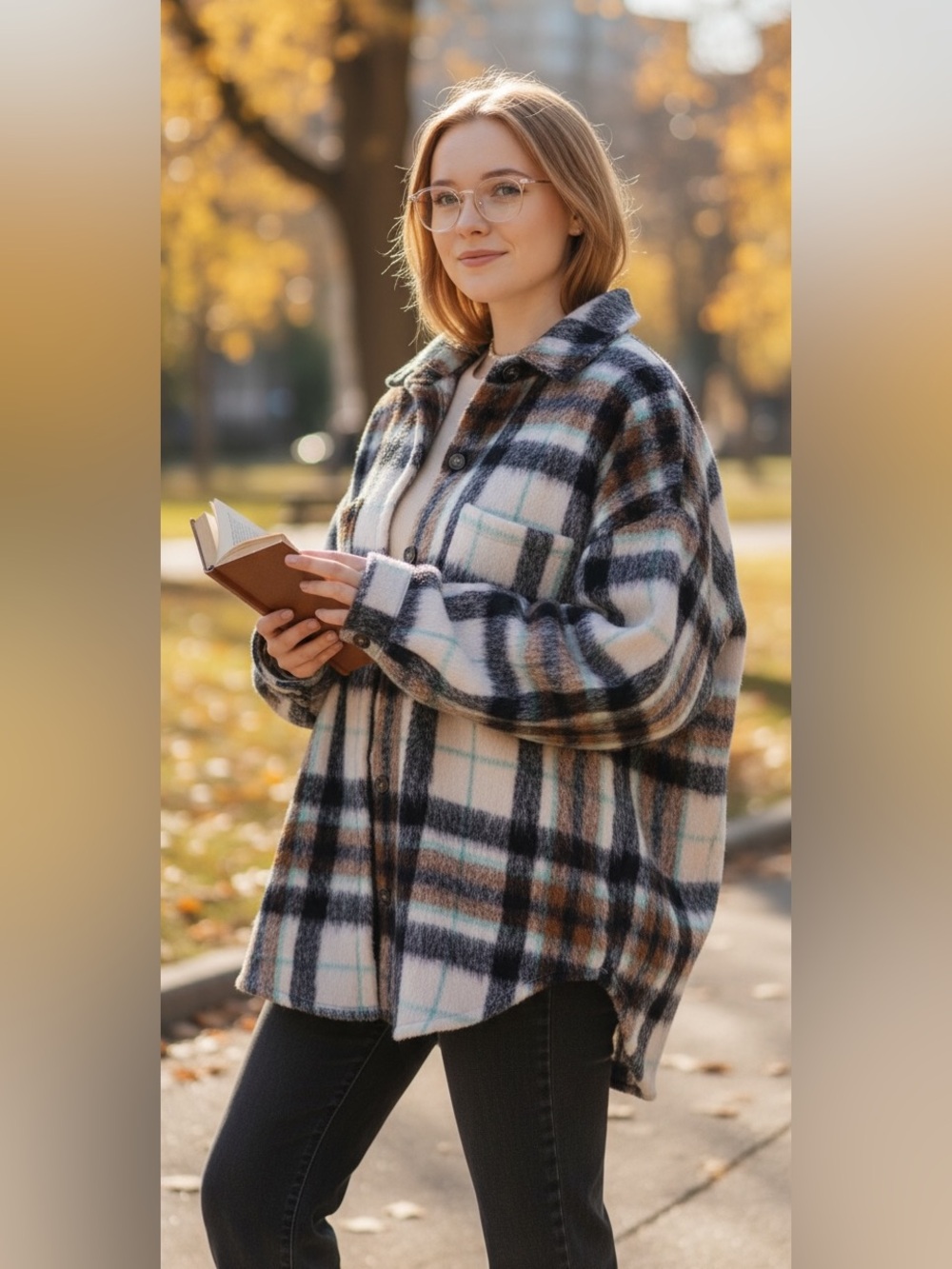 Davi & Dani Plaid Fuzzy Shacket Jacket Small NWT Oversized Navy Brown Mint